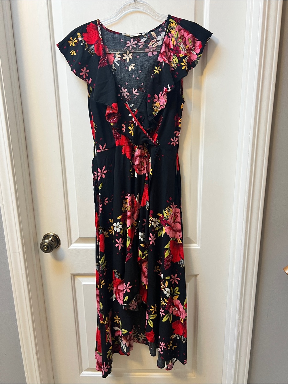 Kormei Floral Dress with Red & Pink Blossoms high low dress